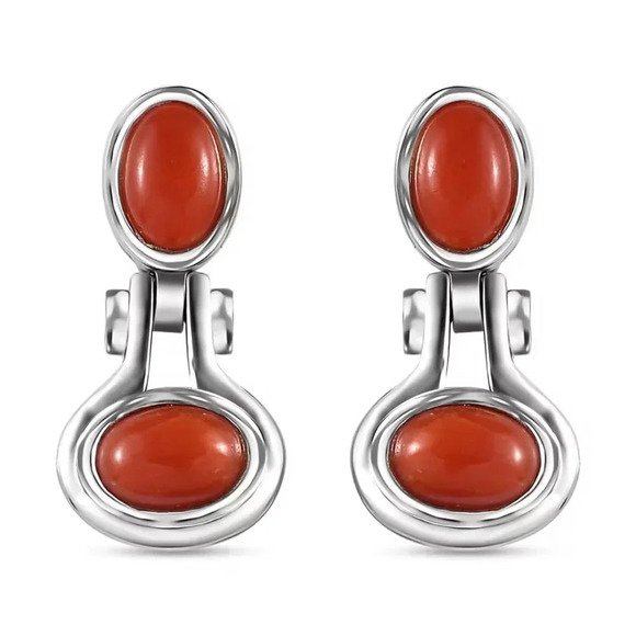 Mediterranean Coral, White Zircon Earrings in Platinum Over Sterling Silver 2.25 - Picture 2 of 5